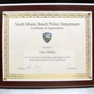North Miami Beach Police Department Certificate of Appreciation