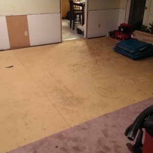 Moving on to next room, pulling out carpet and particle board