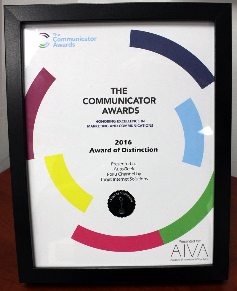 2016 Communicator Awards Autogeek Award of Distinction TRINET