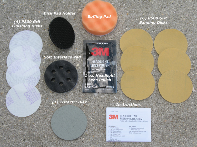Contents of the 3M Headlight Restoration Kit