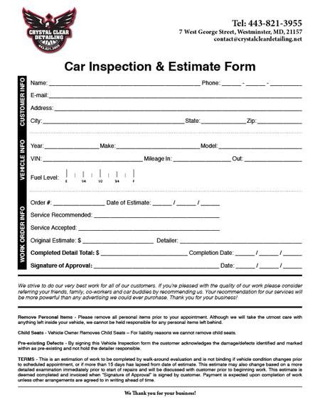 Mike Phillips VIF forms for inspecting cars before detailing