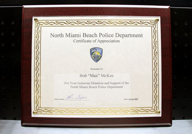 North Miami Beach Police Department Certificate of Appreciation