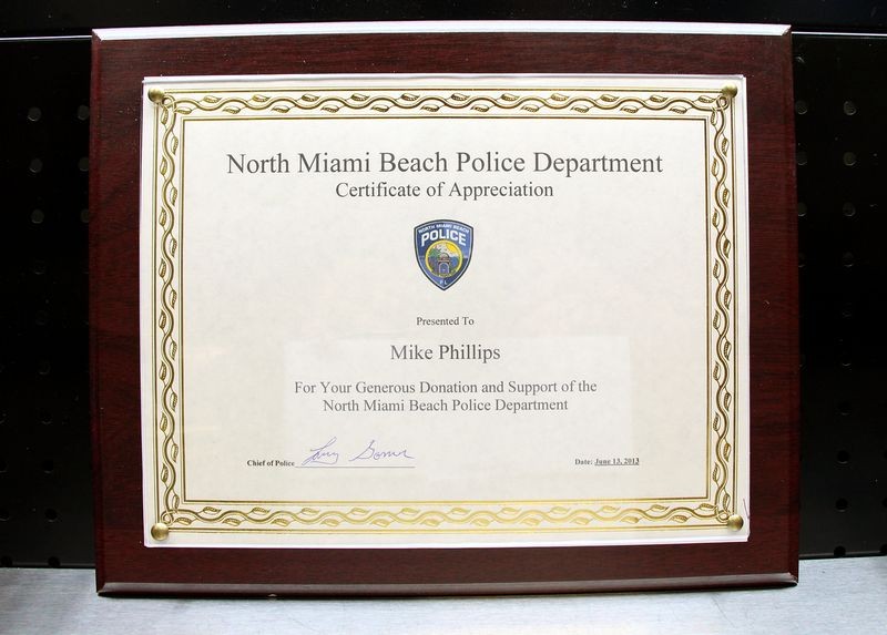 North Miami Beach Police Department Certificate of Appreciation