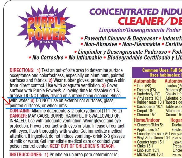 Purple Power label states it is not for use on car paint