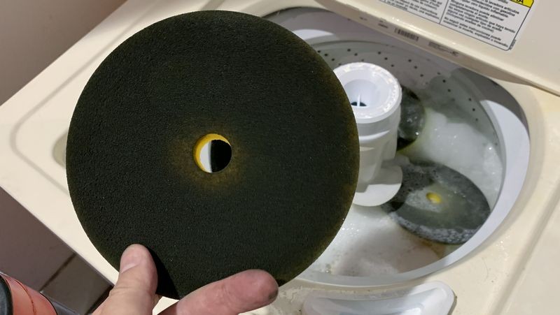 Single Stage Paint Removed from Buffing Pads Washing