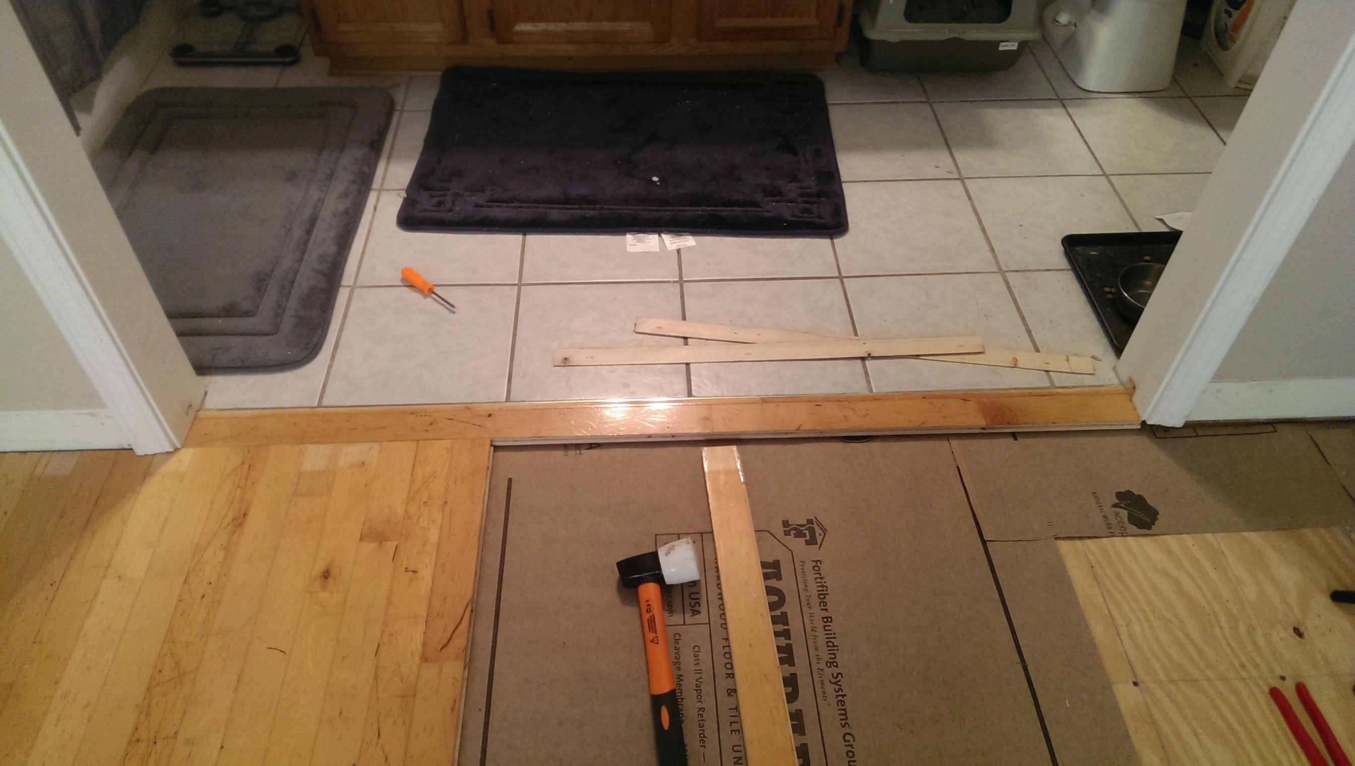 Working across transition to bathroom in first room